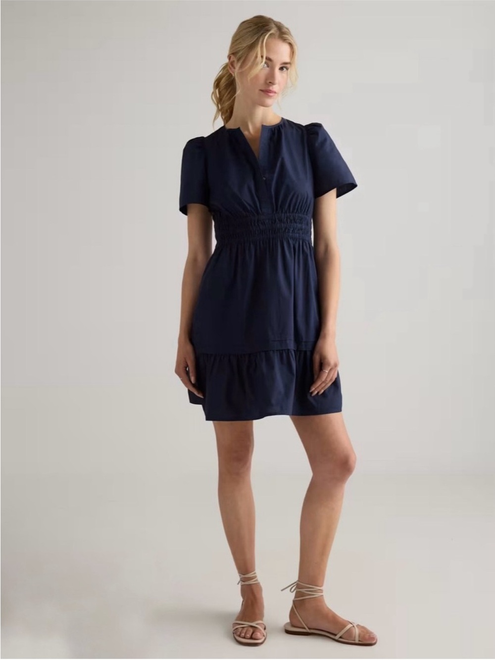 Quince Organic Cotton Poplin Tiered Mini Dress Navy Size M NWT